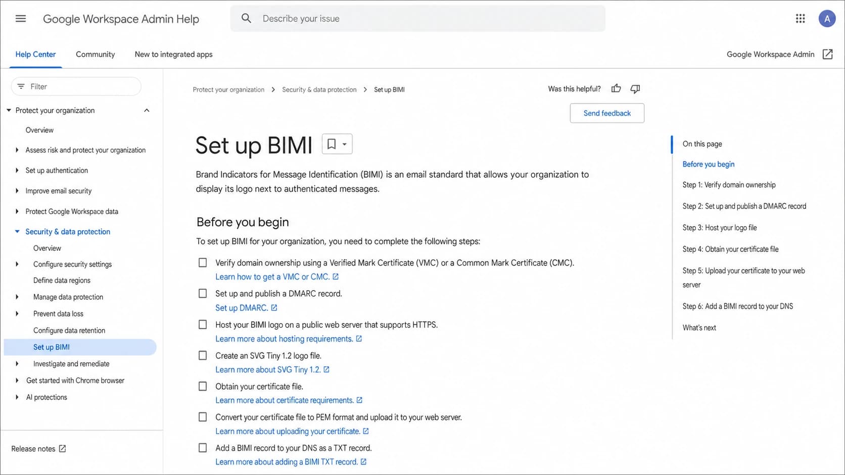 Google Workspace Admin Help page for setting up BIMI.