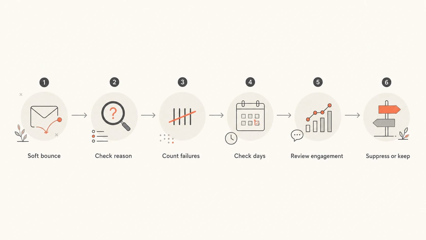 Flowchart for checking bounce reason, count, days, engagement, then deciding whether to suppress.