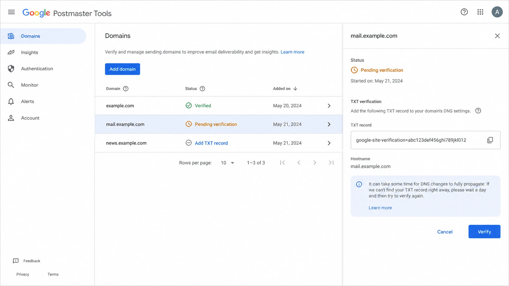 Google Postmaster Tools domain list with a subdomain pending TXT verification.