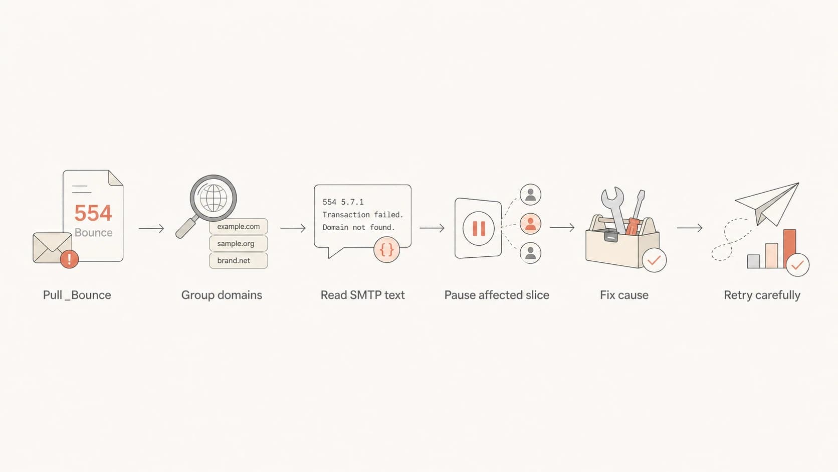 Flowchart for pulling bounce data, grouping domains, reading SMTP text, fixing the cause, and retrying carefully.