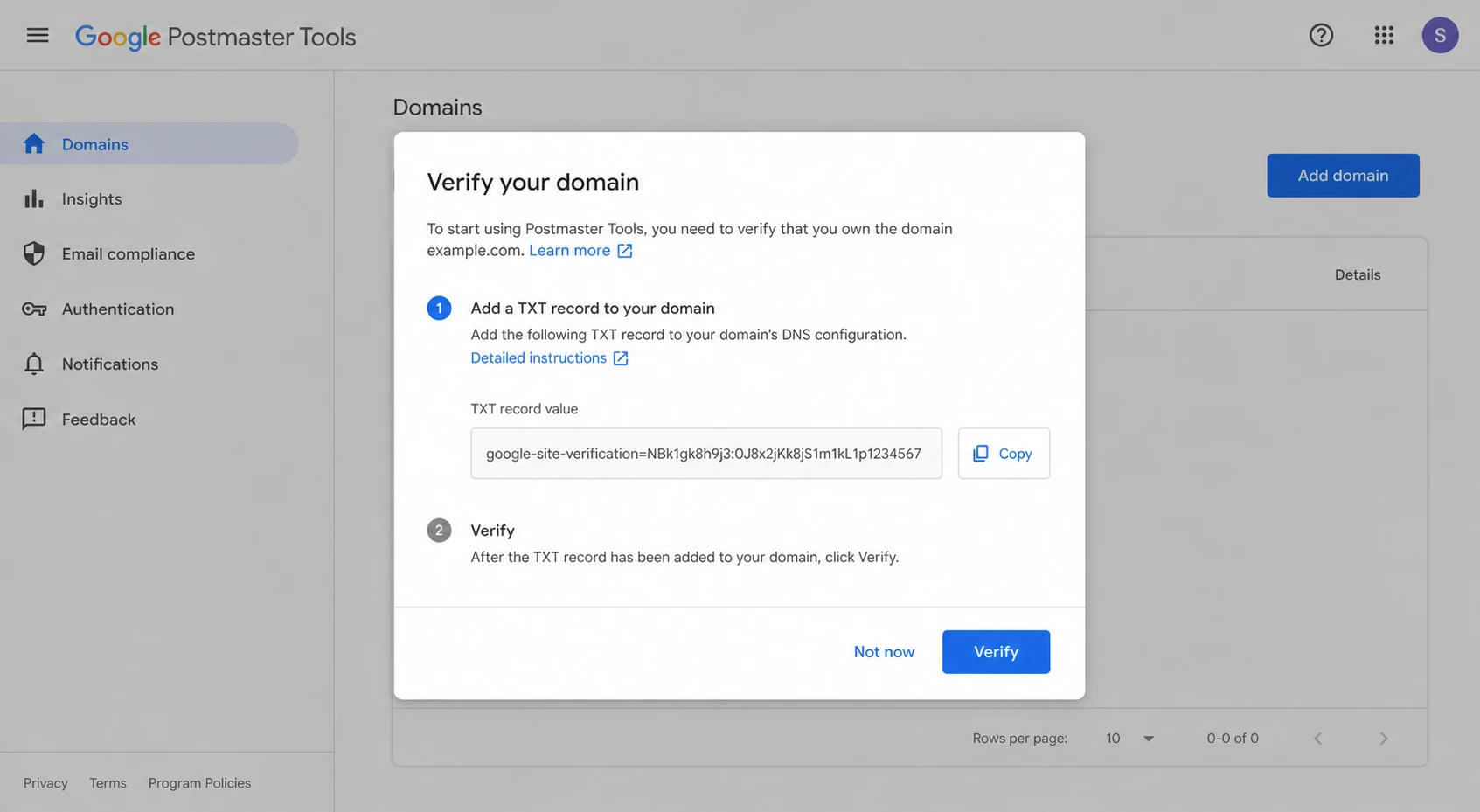 Google Postmaster Tools verification dialog showing a TXT record.