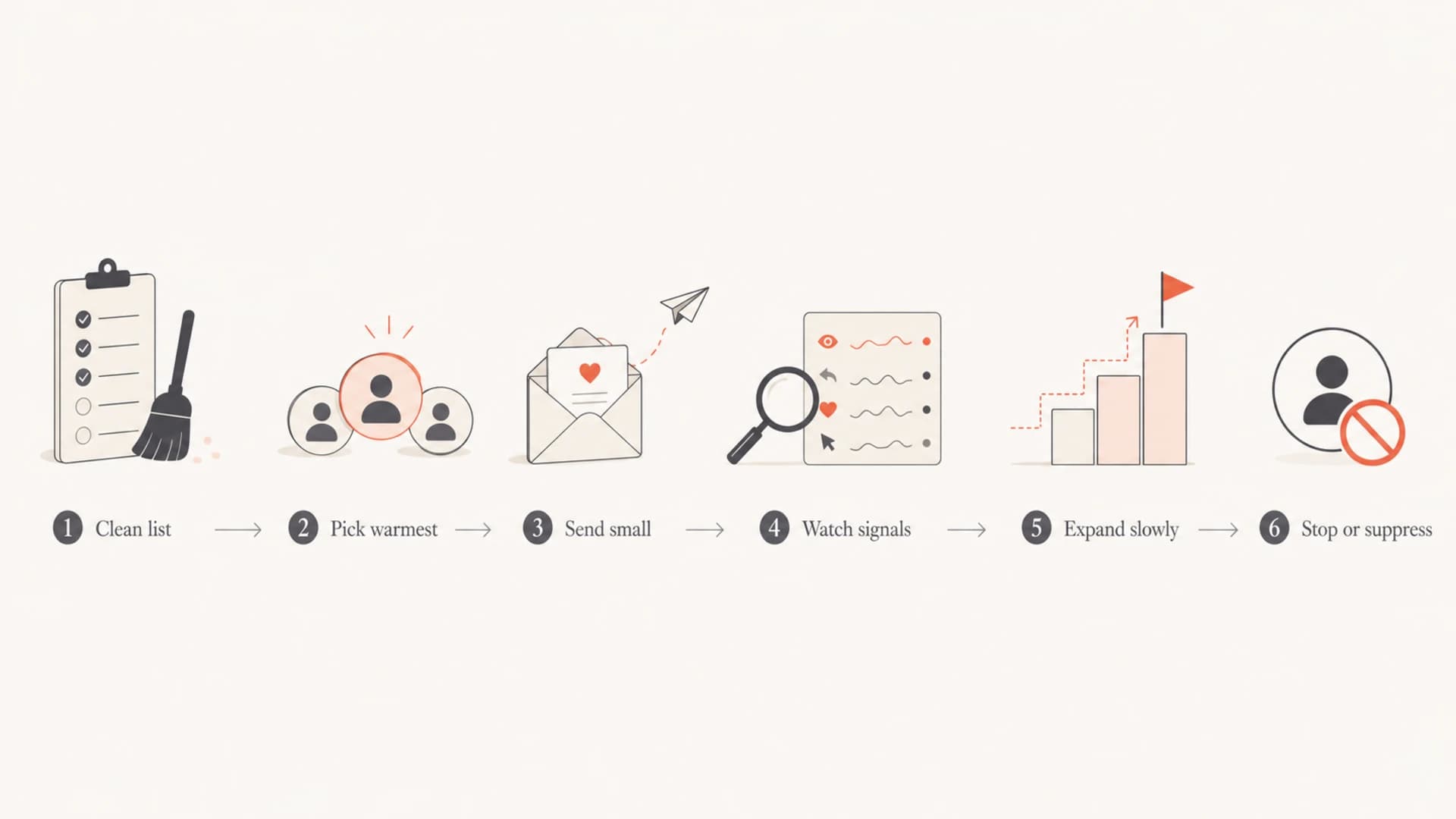 A six-step re-engagement flow from list cleanup to suppression.