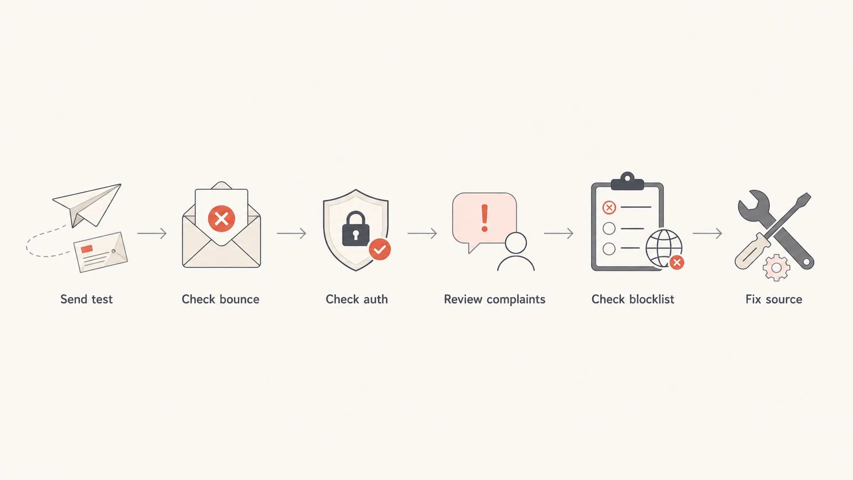 Email deliverability diagnosis flowchart with send, bounce, auth, complaint, blocklist, and source checks.