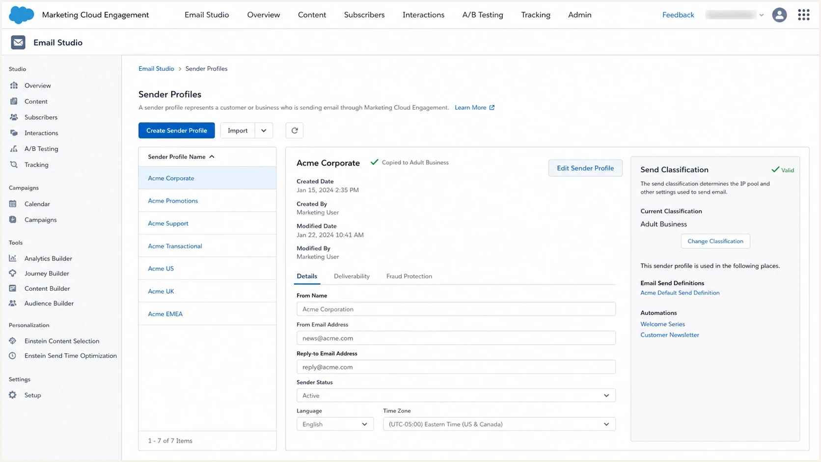 Salesforce Marketing Cloud sender profile fields for From Name and From Email Address.