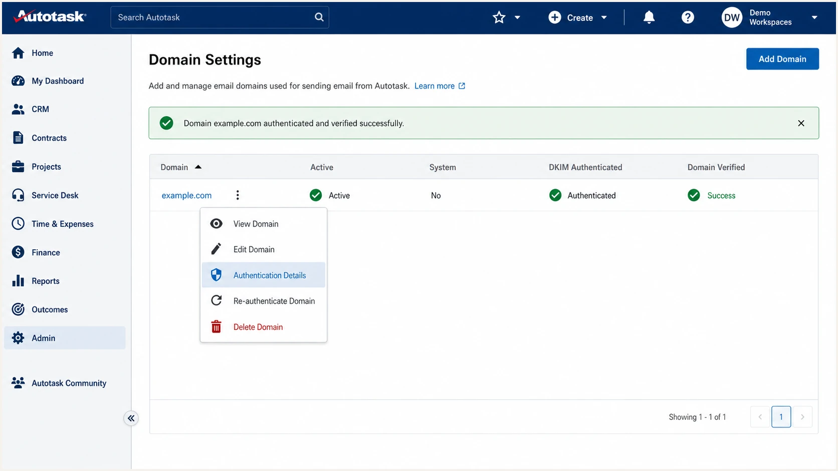 Autotask PSA Domain Settings showing successful validation and DKIM authentication