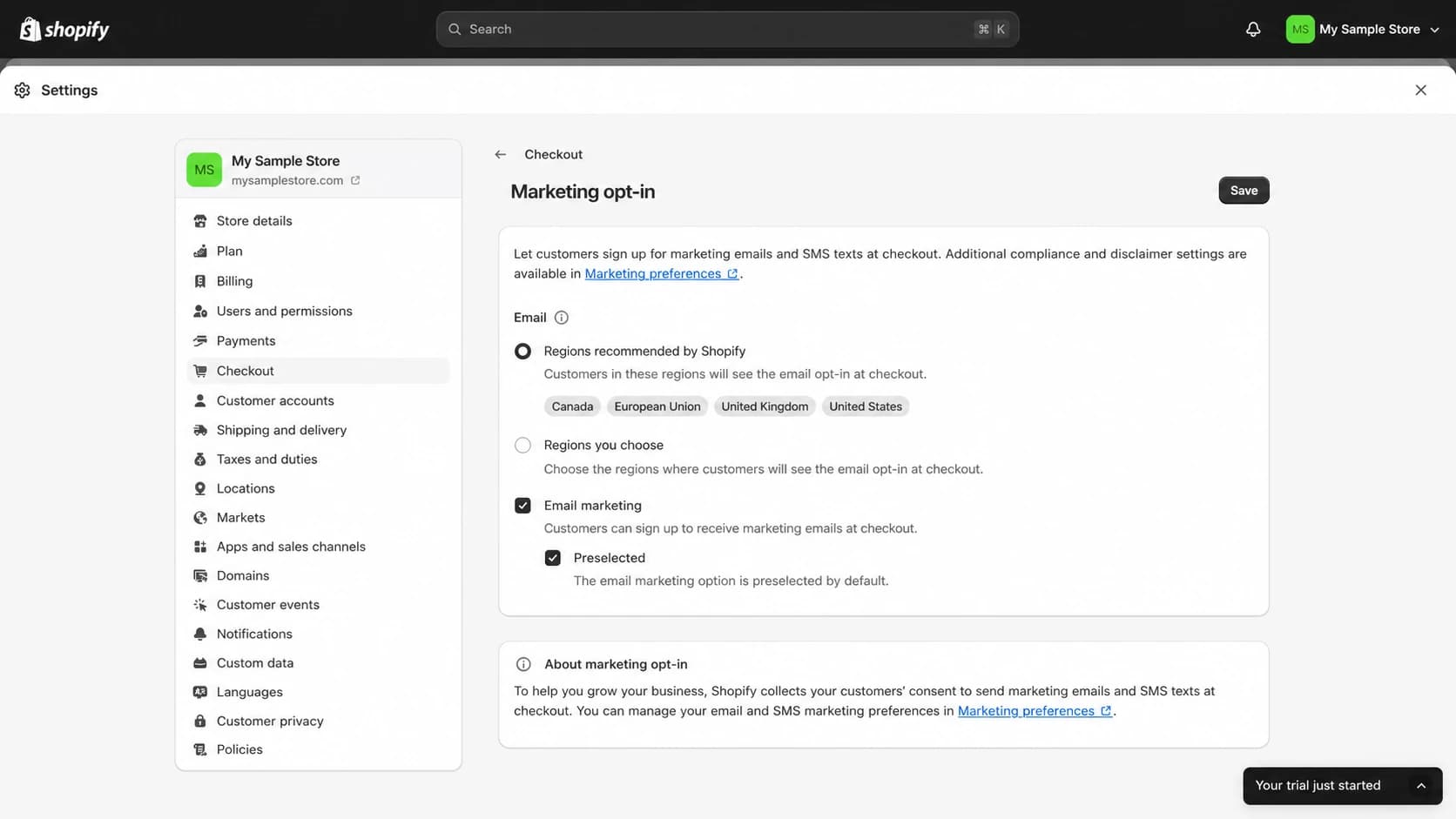 Shopify admin checkout settings with email marketing opt-in controls.