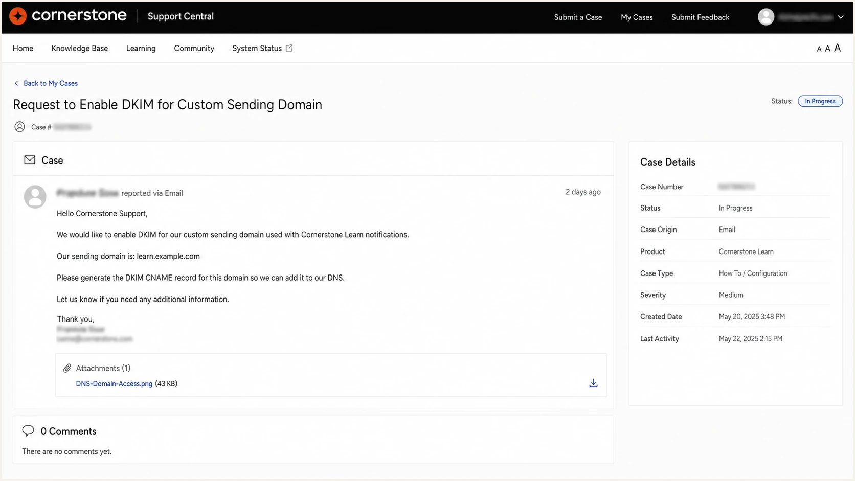 Cornerstone support request for DKIM activation