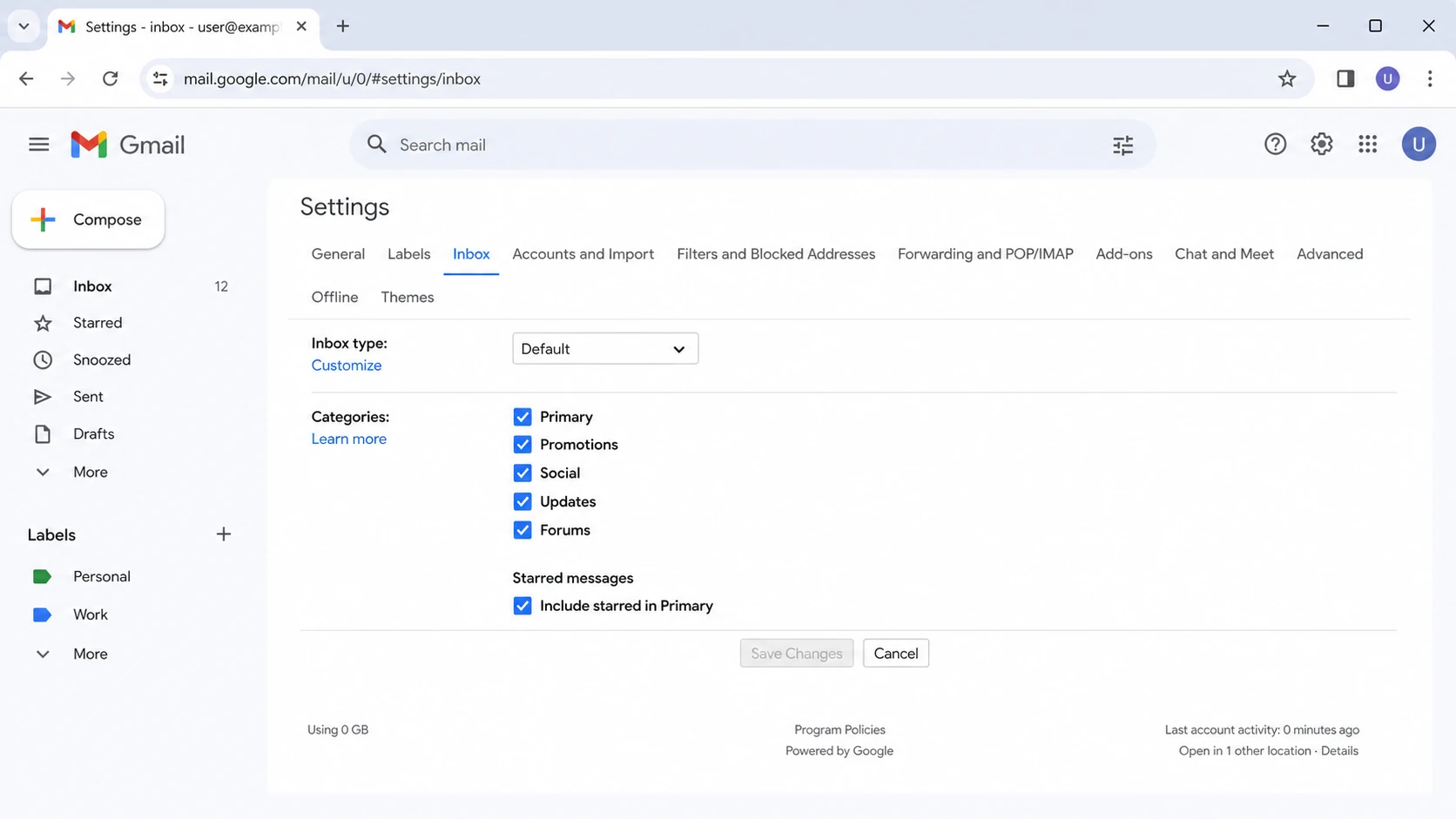 Gmail settings showing inbox category options including Promotions.