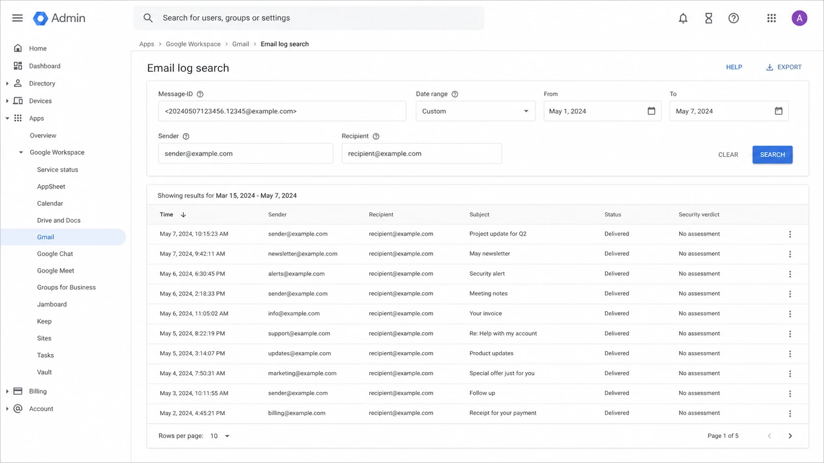 Google Admin console Email Log Search with message and security details.