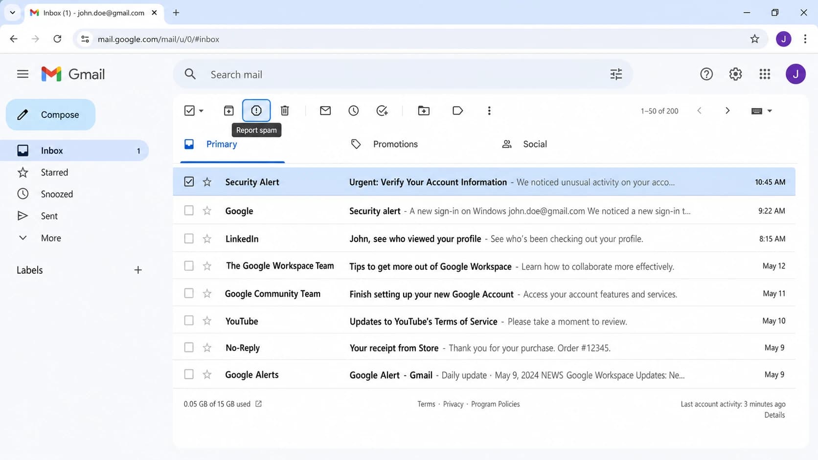 Gmail screenshot showing where to report an unwanted message.