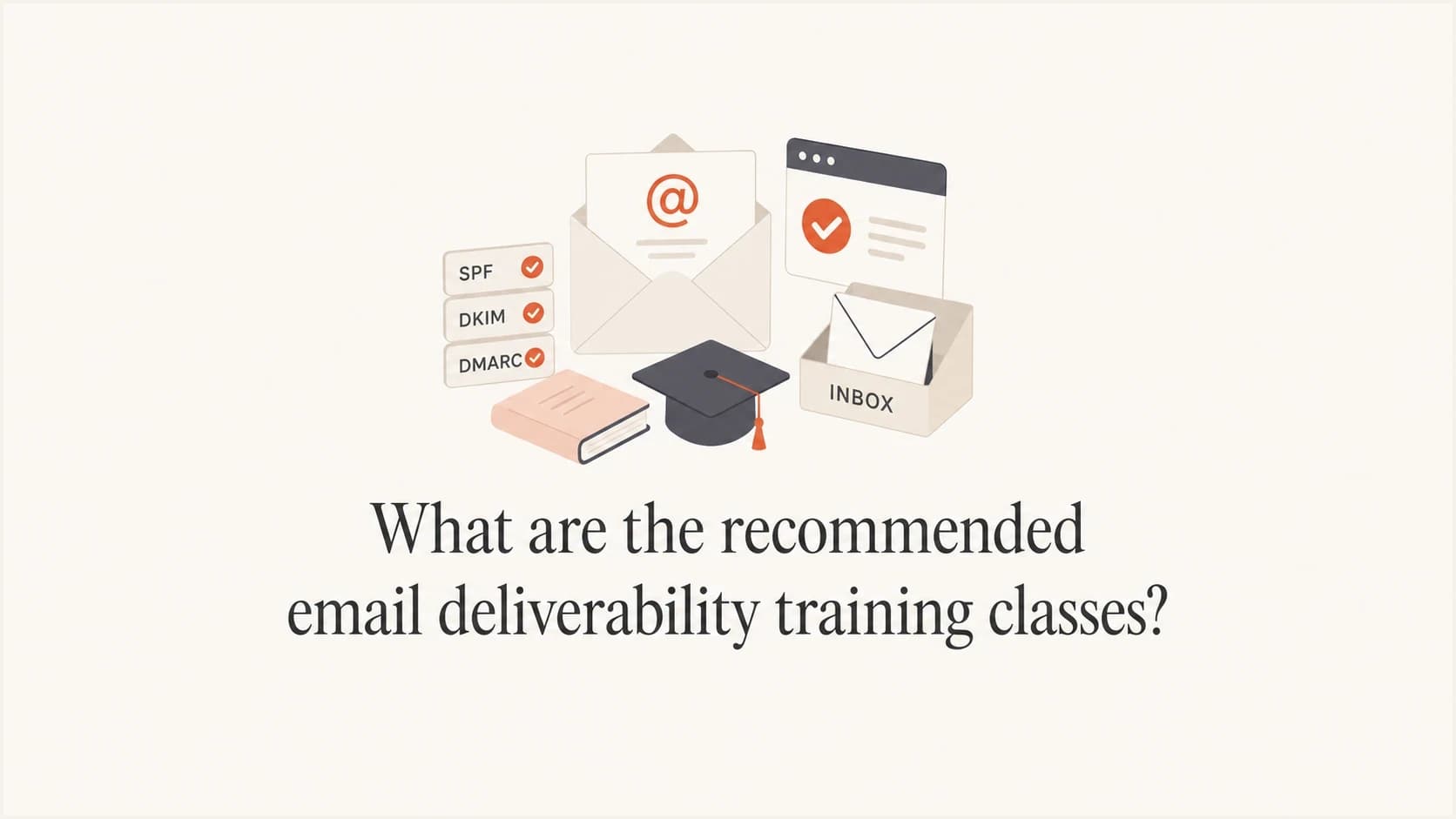 Email deliverability training classes shown as lessons, DNS records, and inbox placement icons.