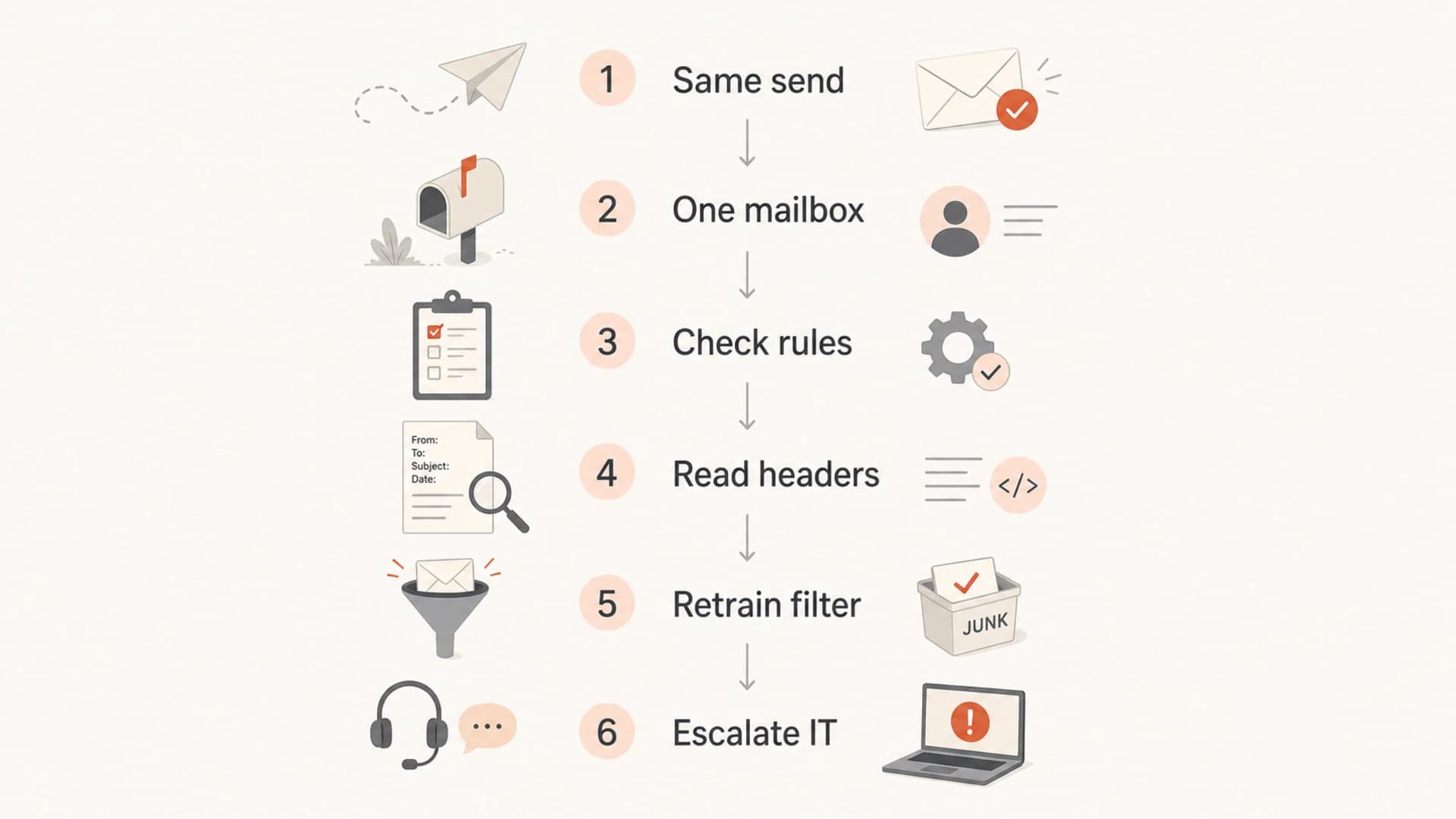 A flowchart for diagnosing one internal mailbox that sends email to Junk.