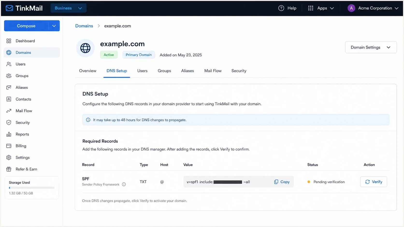 TinkMail SPF record and verification details