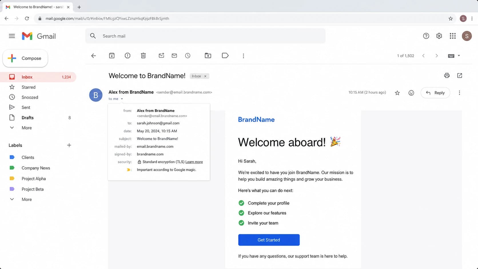 A Gmail message header showing where the friendly sender name and sender email address appear.