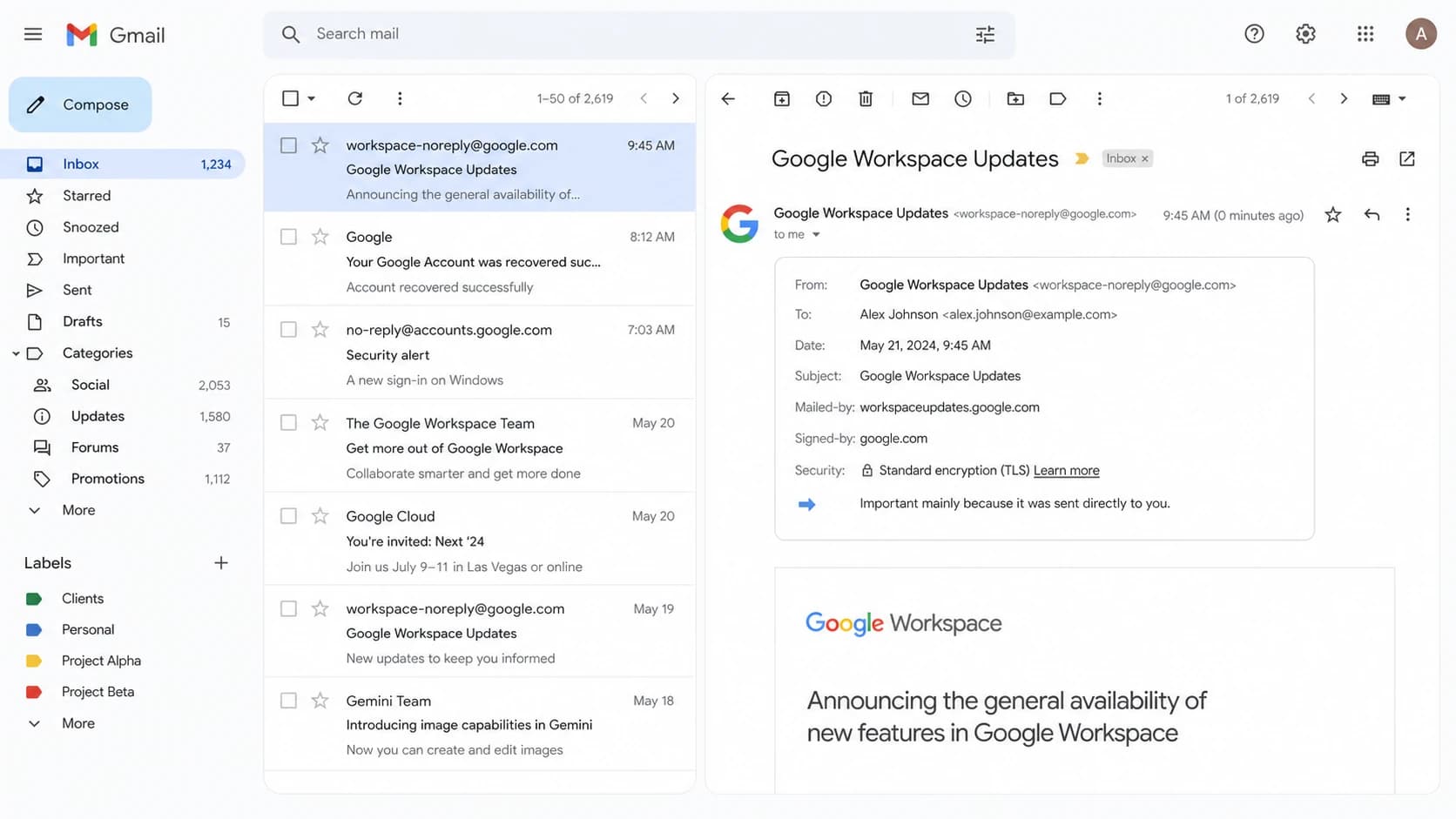 Gmail inbox showing an email address while message details contain a display name
