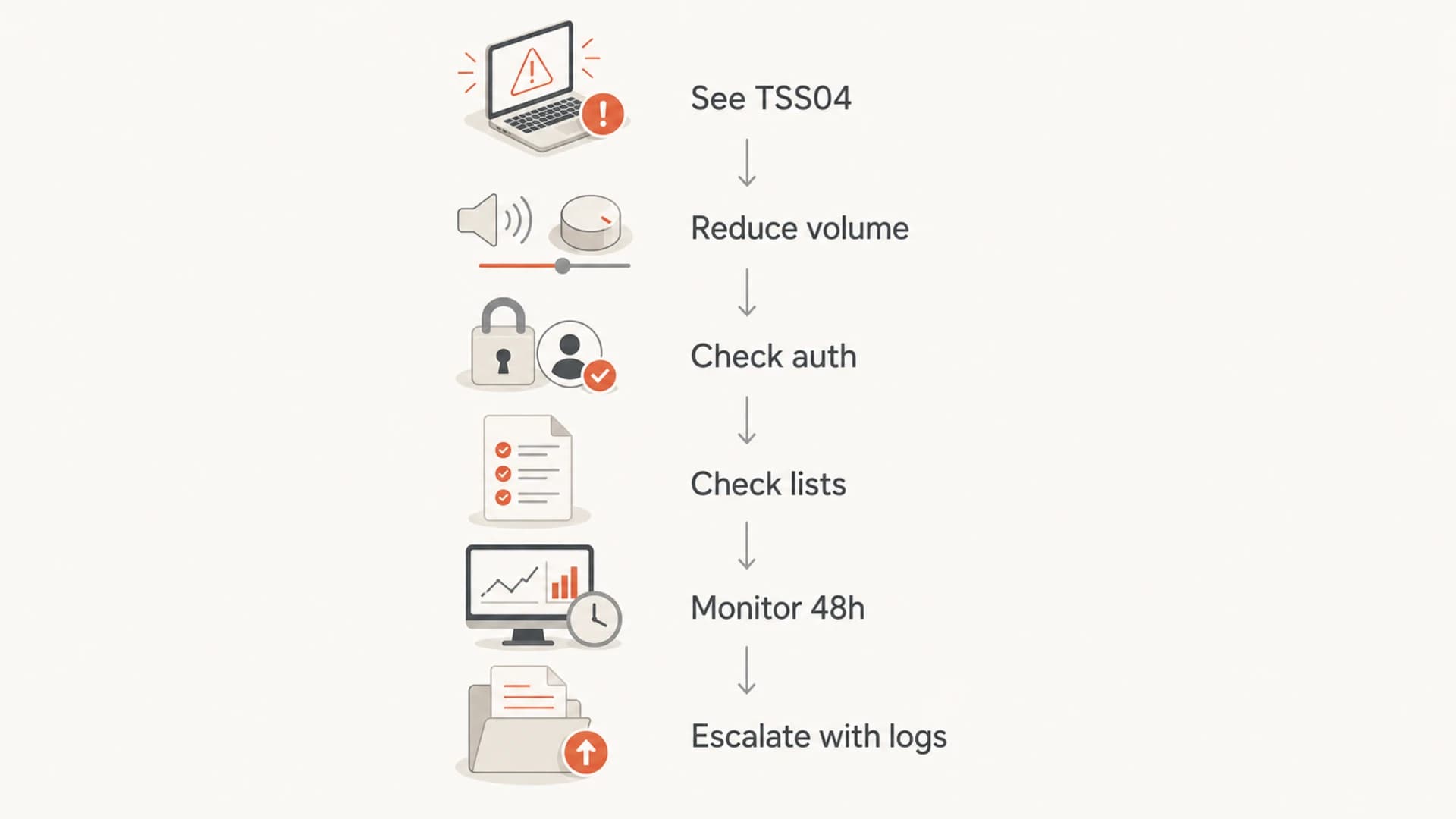 A six-step TSS04 recovery path from first deferral to escalation.