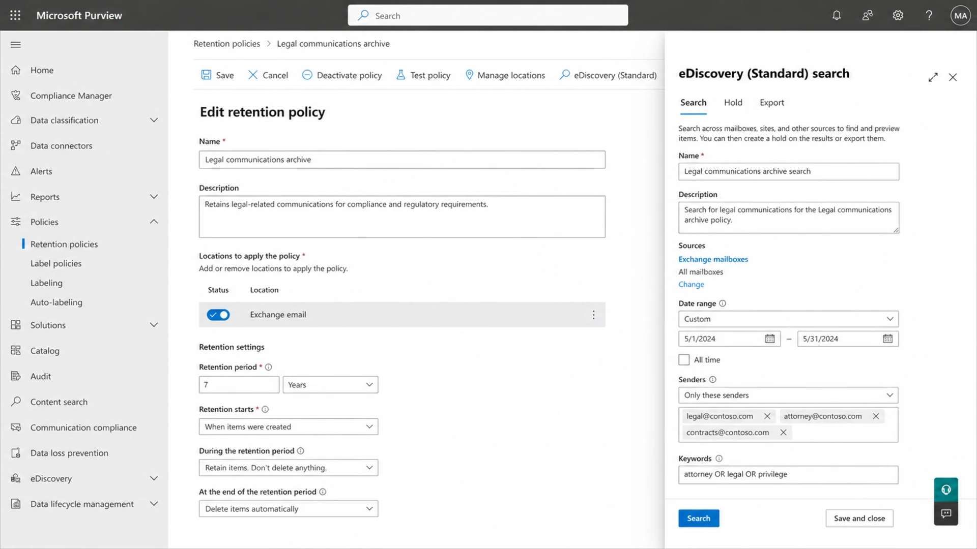 Microsoft Purview compliance portal showing email retention and eDiscovery controls.