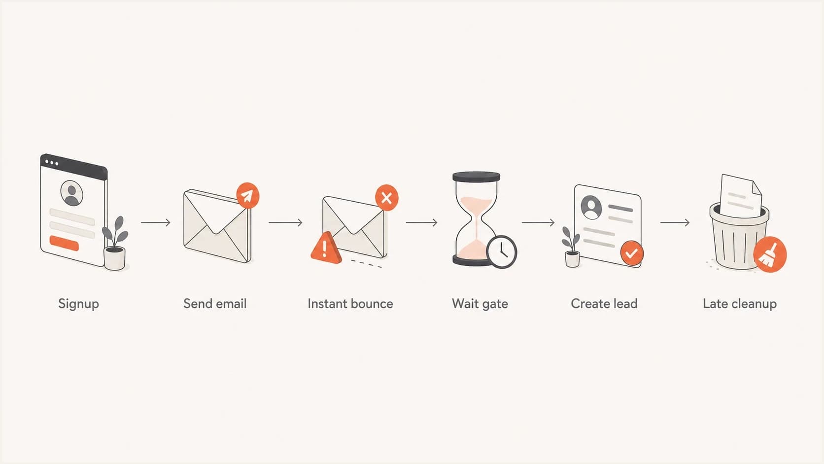 Signup bounce handling flow from email send to late cleanup.