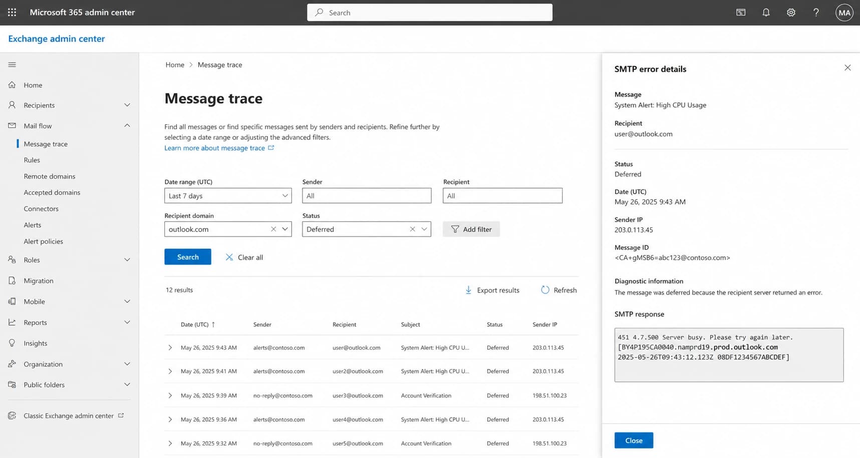 Microsoft 365 Exchange admin center message trace with Outlook.com deferred messages.