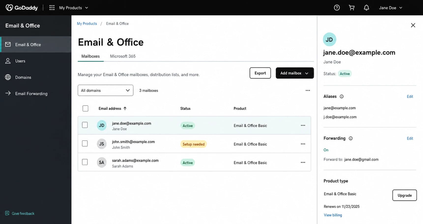 A GoDaddy Email & Office dashboard screenshot showing mailboxes and domain settings.