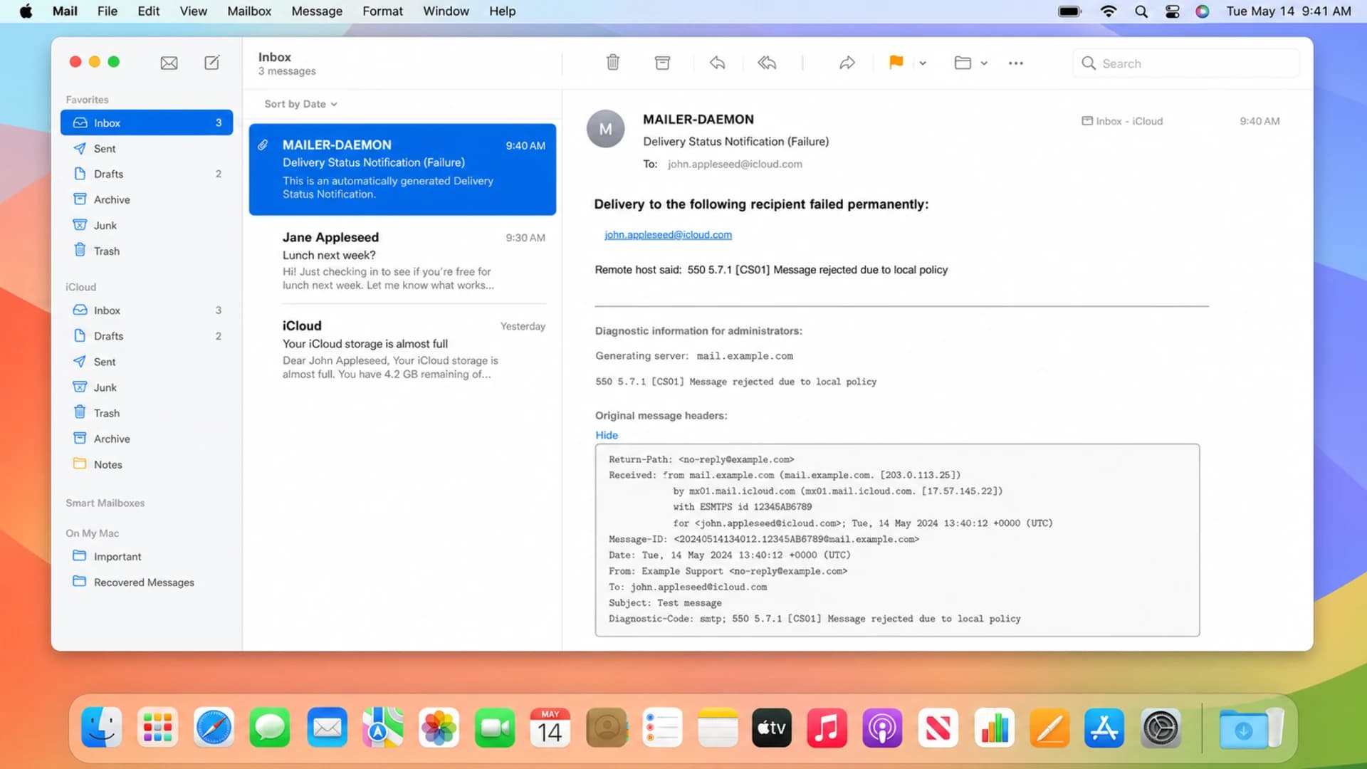 Apple Mail screenshot showing a CS01 bounce notification and expanded message headers.