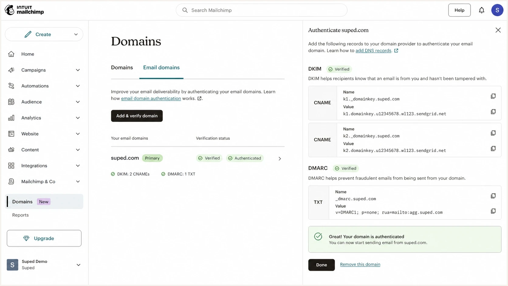 Mailchimp domain settings screen for verifying and authenticating a sending domain.