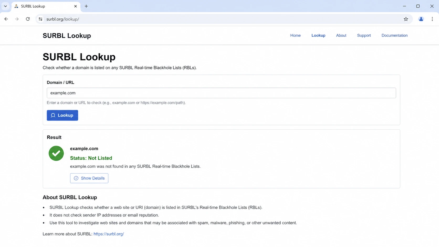 A SURBL Lookup page showing a domain lookup field and URL reputation result area.