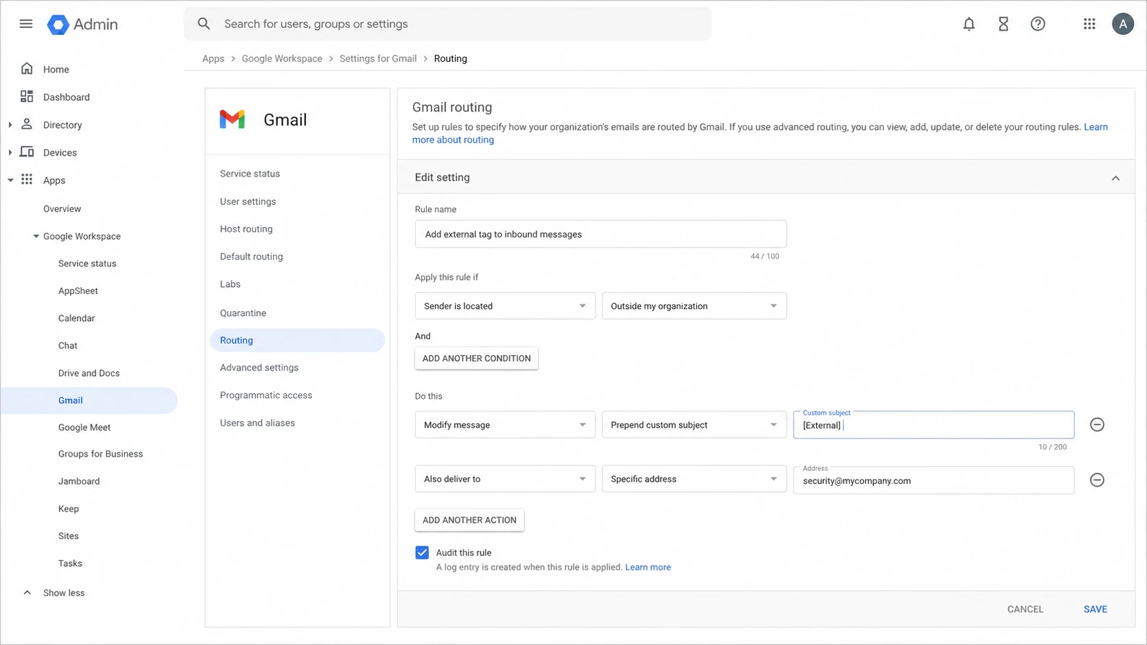 Google Workspace Admin console Gmail routing settings with a custom subject prefix option.