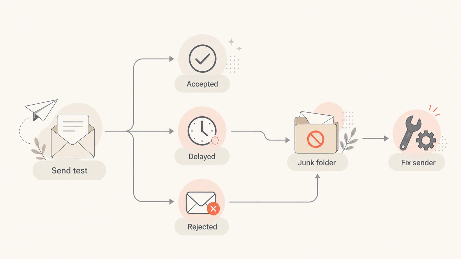 A flowchart for checking whether Outlook accepted, delayed, rejected, or junked a test email.