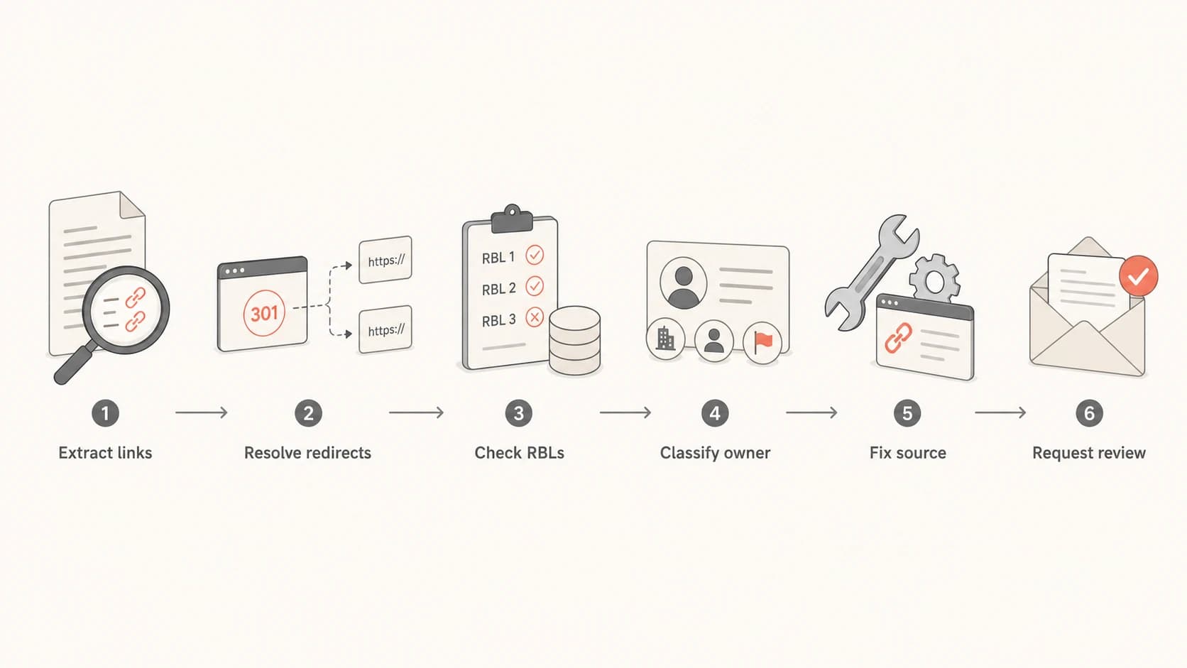 A URL RBL investigation moves through link extraction, checks, ownership, cleanup, and review.