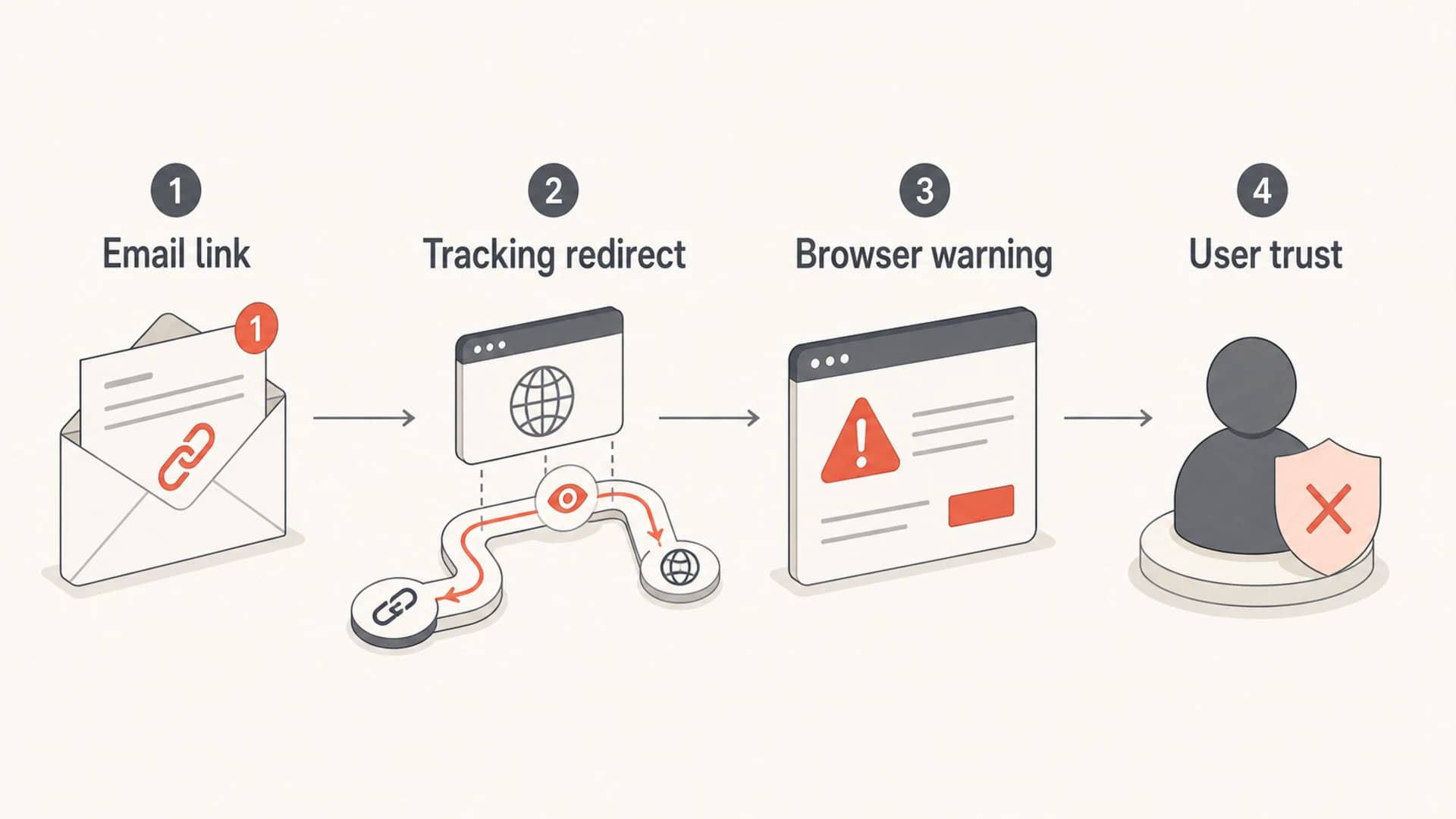 Infographic showing how an insecure email link can add risk through tracking, warnings, and trust.