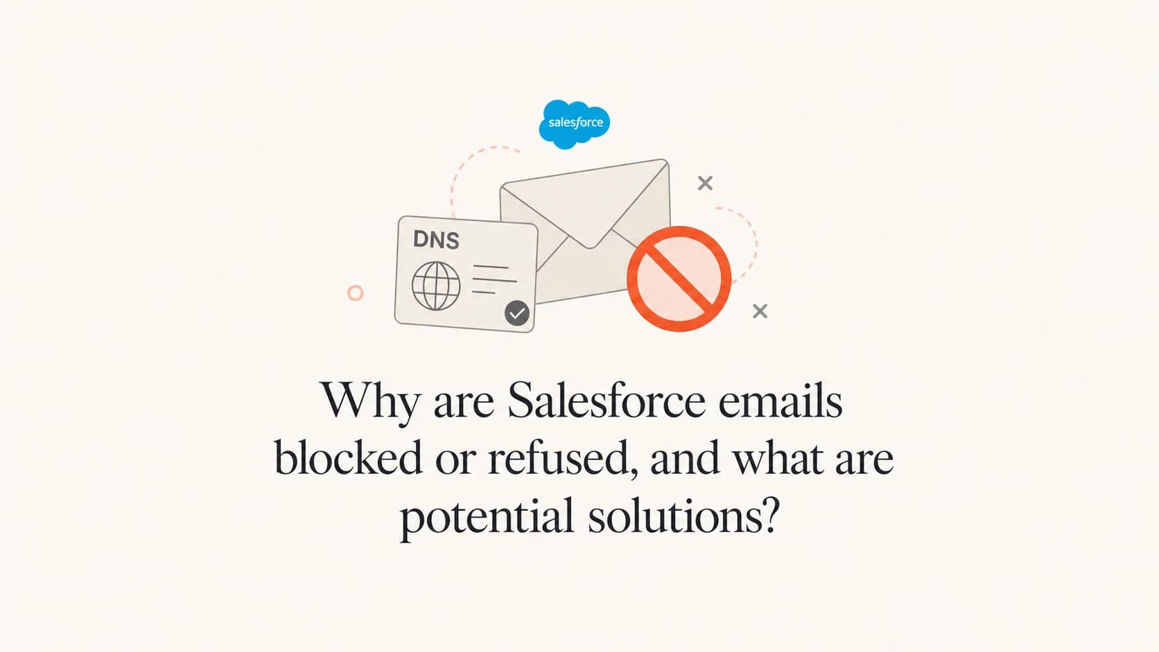 Salesforce email delivery problem shown with mail, DNS, and refusal symbols.