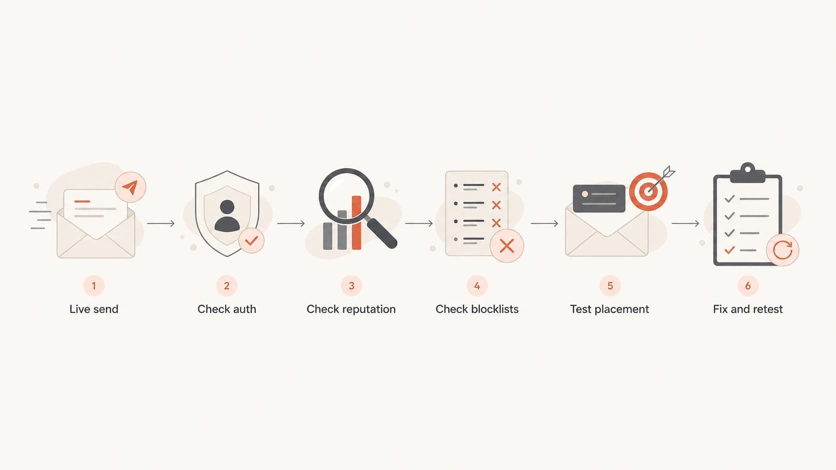 Flowchart showing the spam testing process: live send, authentication, reputation, blocklists, placement, then retest.