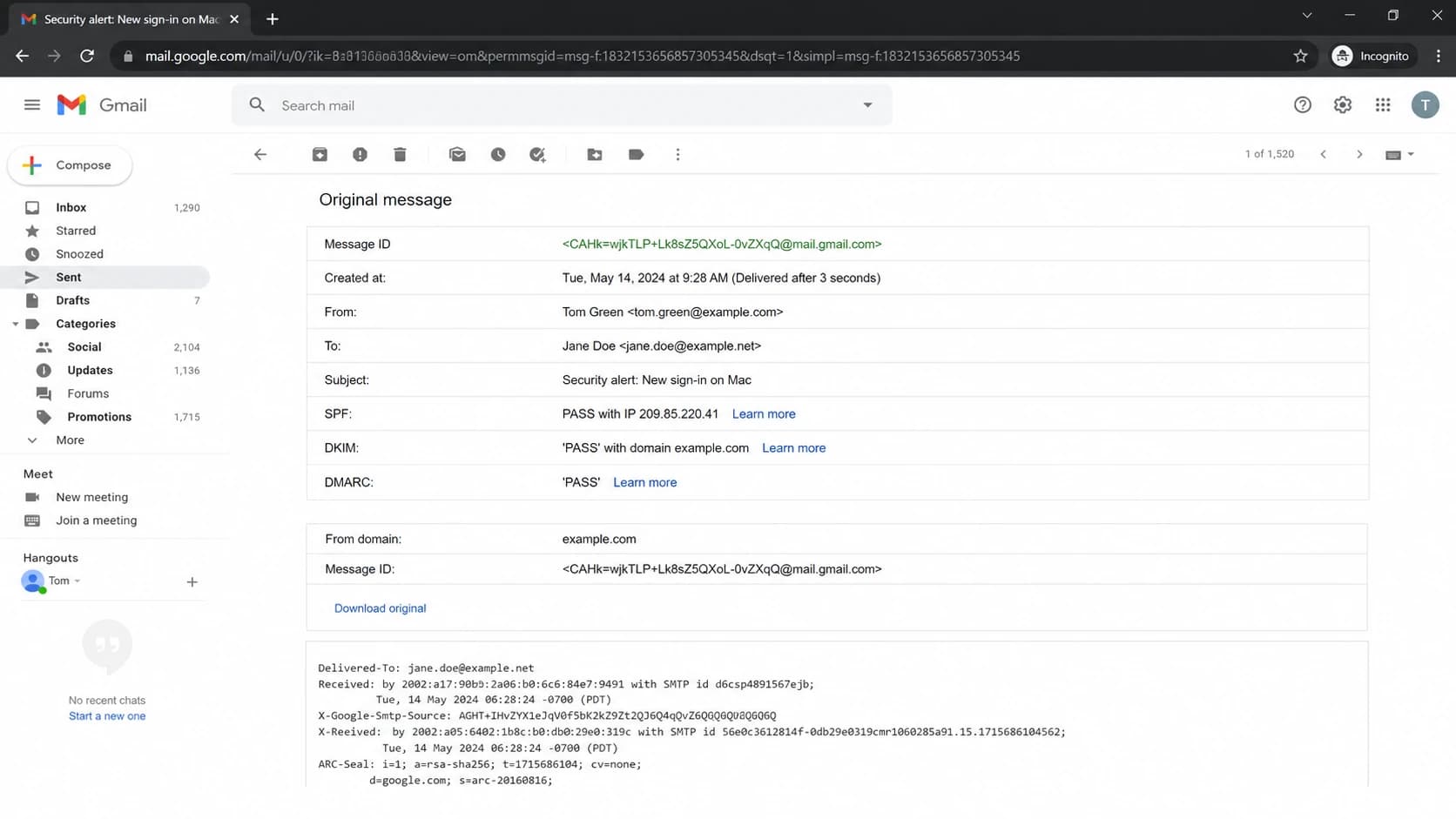 Gmail message details showing SPF, DKIM, and DMARC pass results.