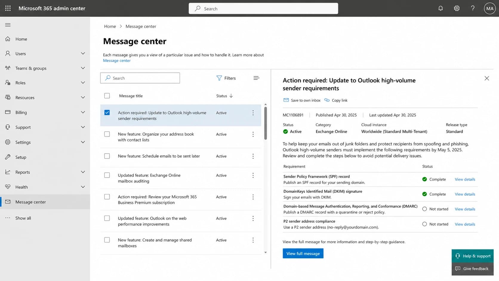 Microsoft 365 admin center Message center notice about Outlook sender requirements.