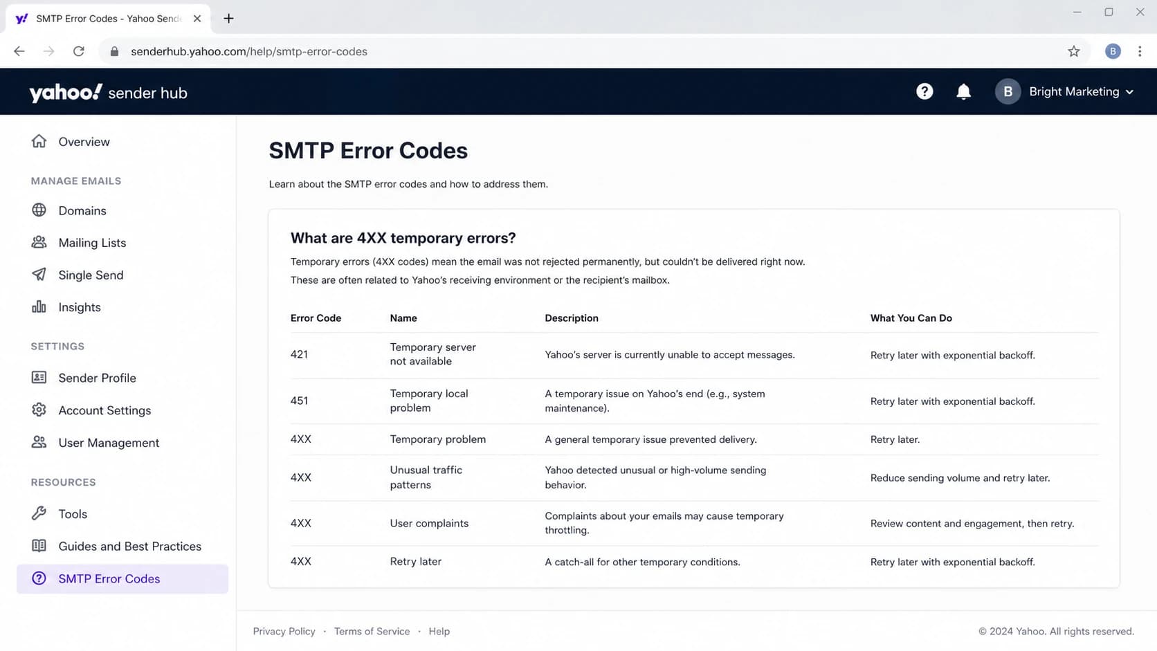 Yahoo Sender Hub SMTP Error Codes page showing 4XX temporary error guidance.