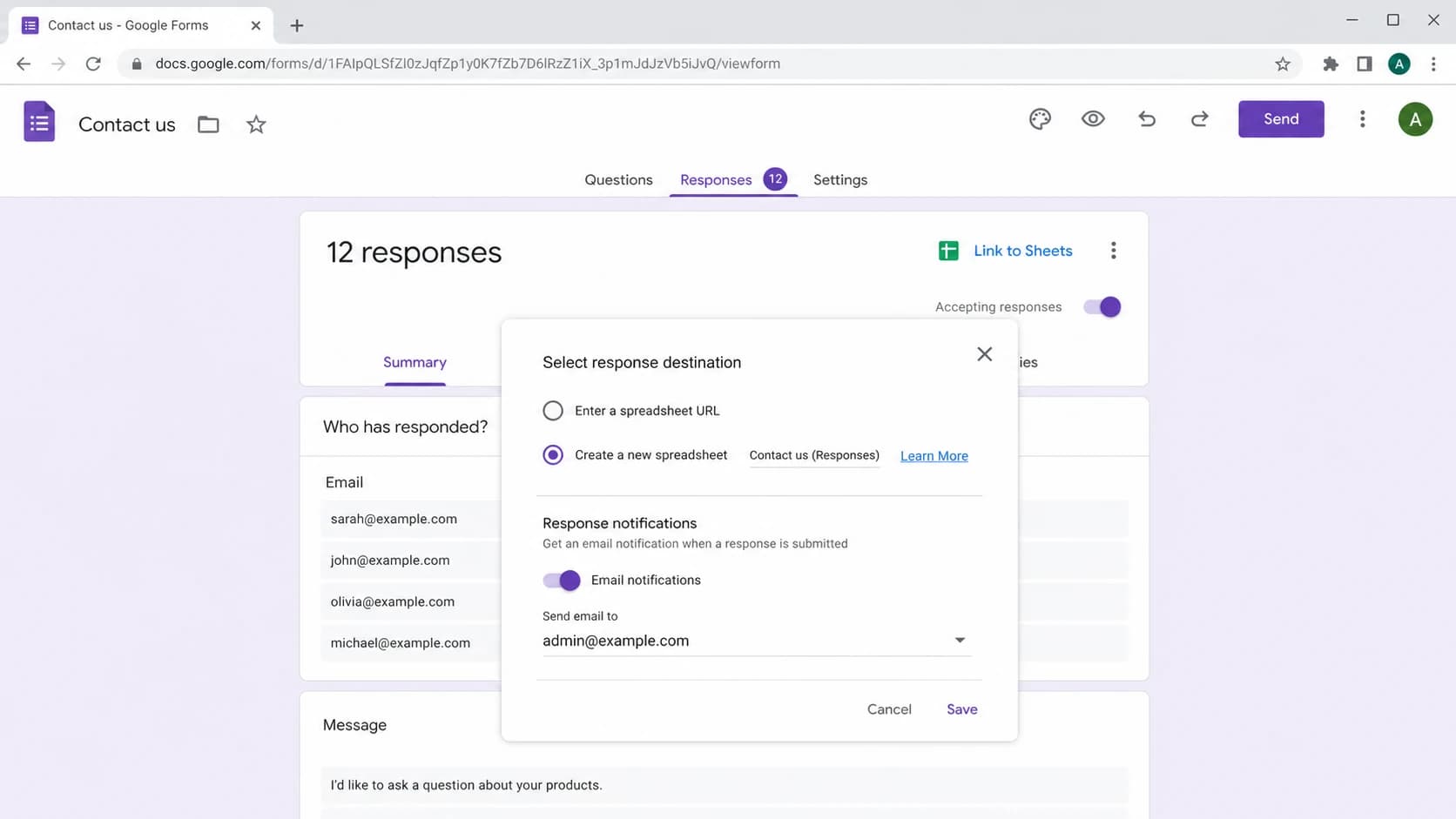 Google Forms response settings showing where email notifications are checked.