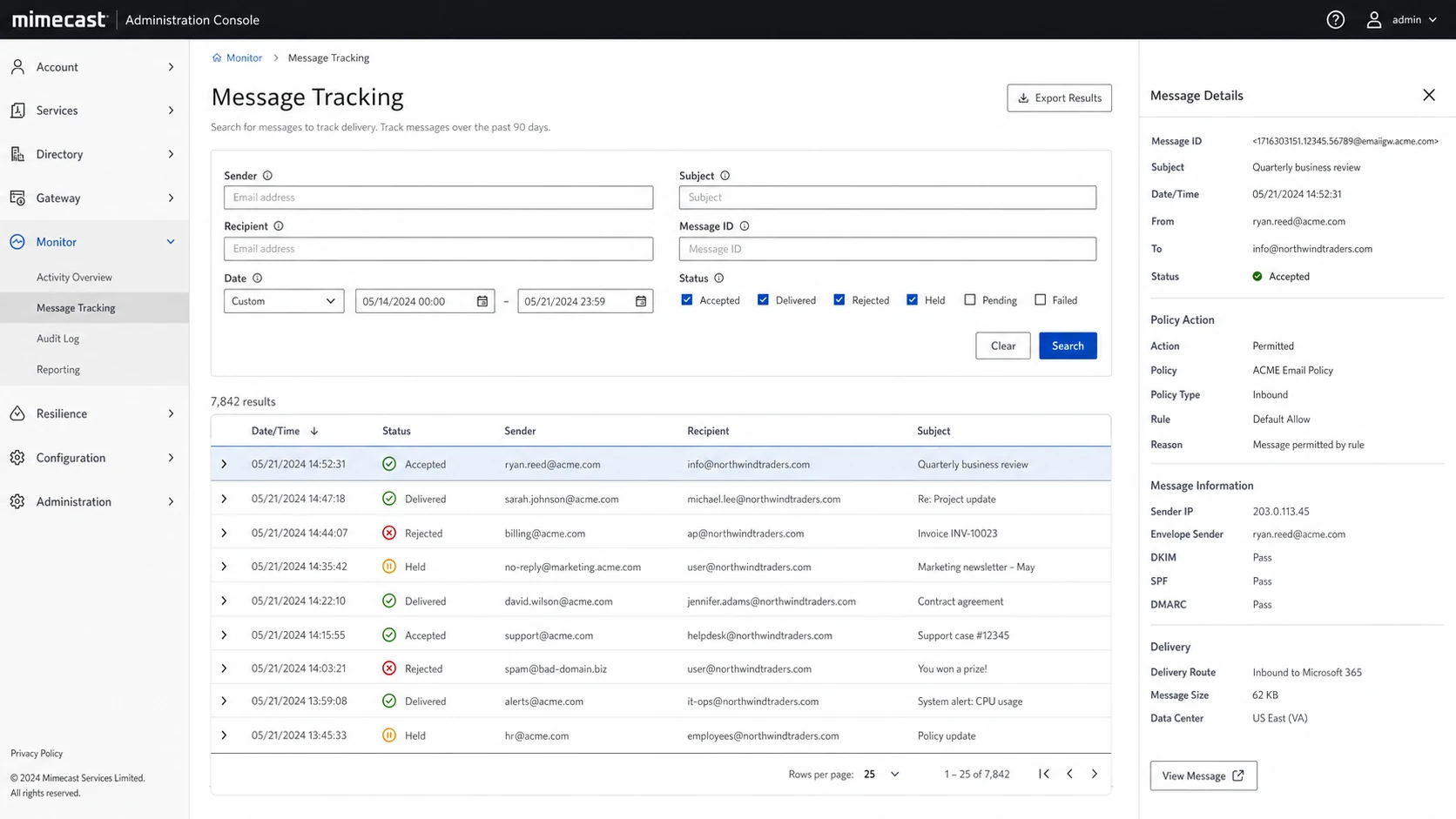 Mimecast Administration Console message tracking screen with delivery status and policy details.