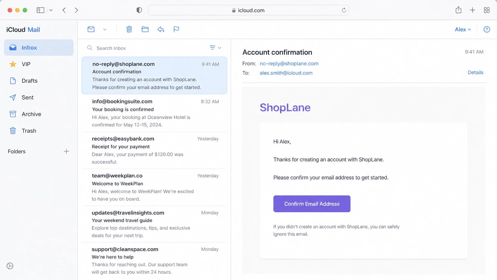 Apple iCloud Mail web interface with mailbox folders and a message list.