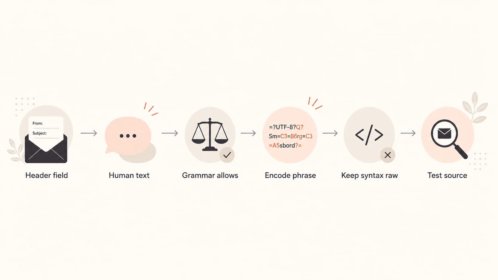 A flowchart showing when to encode human text and when to keep header syntax raw.