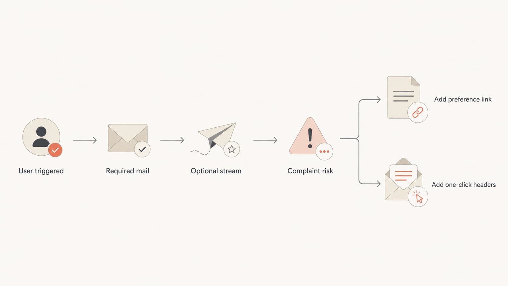 Flowchart for deciding when transactional email needs a preference link or one-click headers.