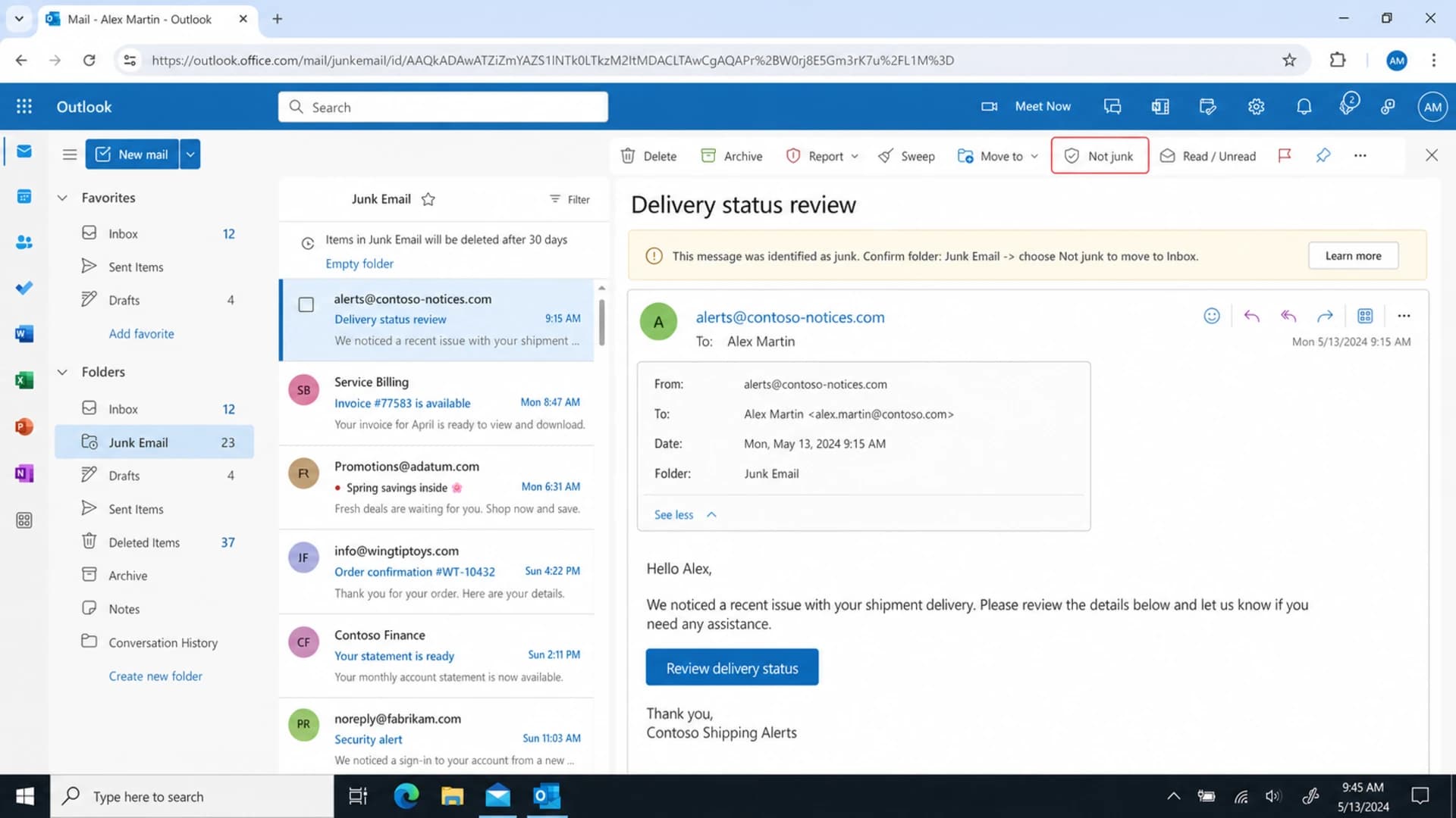Microsoft Outlook web showing a message in Junk Email with a Not junk action.
