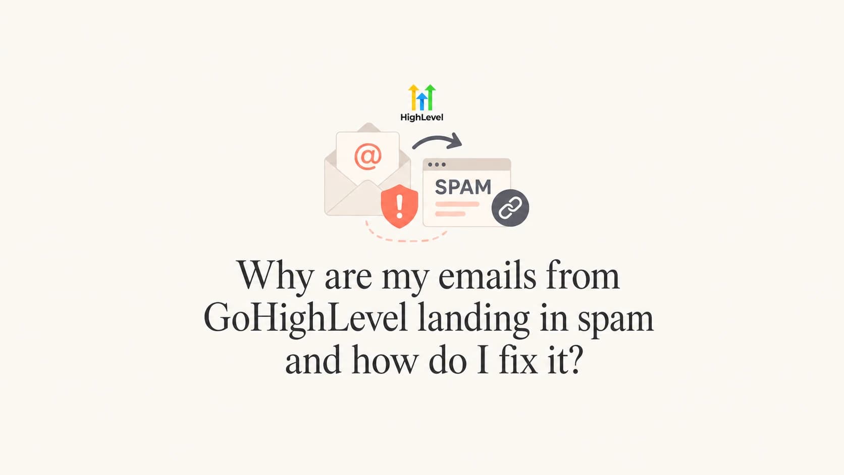 GoHighLevel email deliverability thumbnail with email, link, and authentication icons.