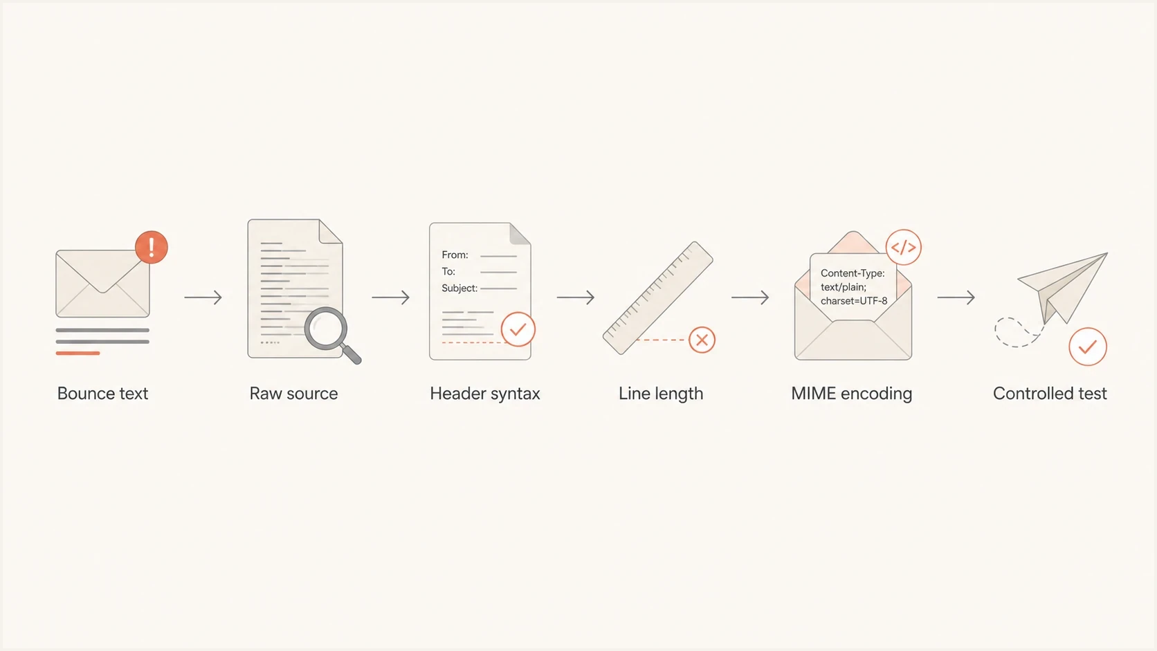 RFC compliance troubleshooting flowchart for raw source, headers, line length, MIME encoding, and retest.