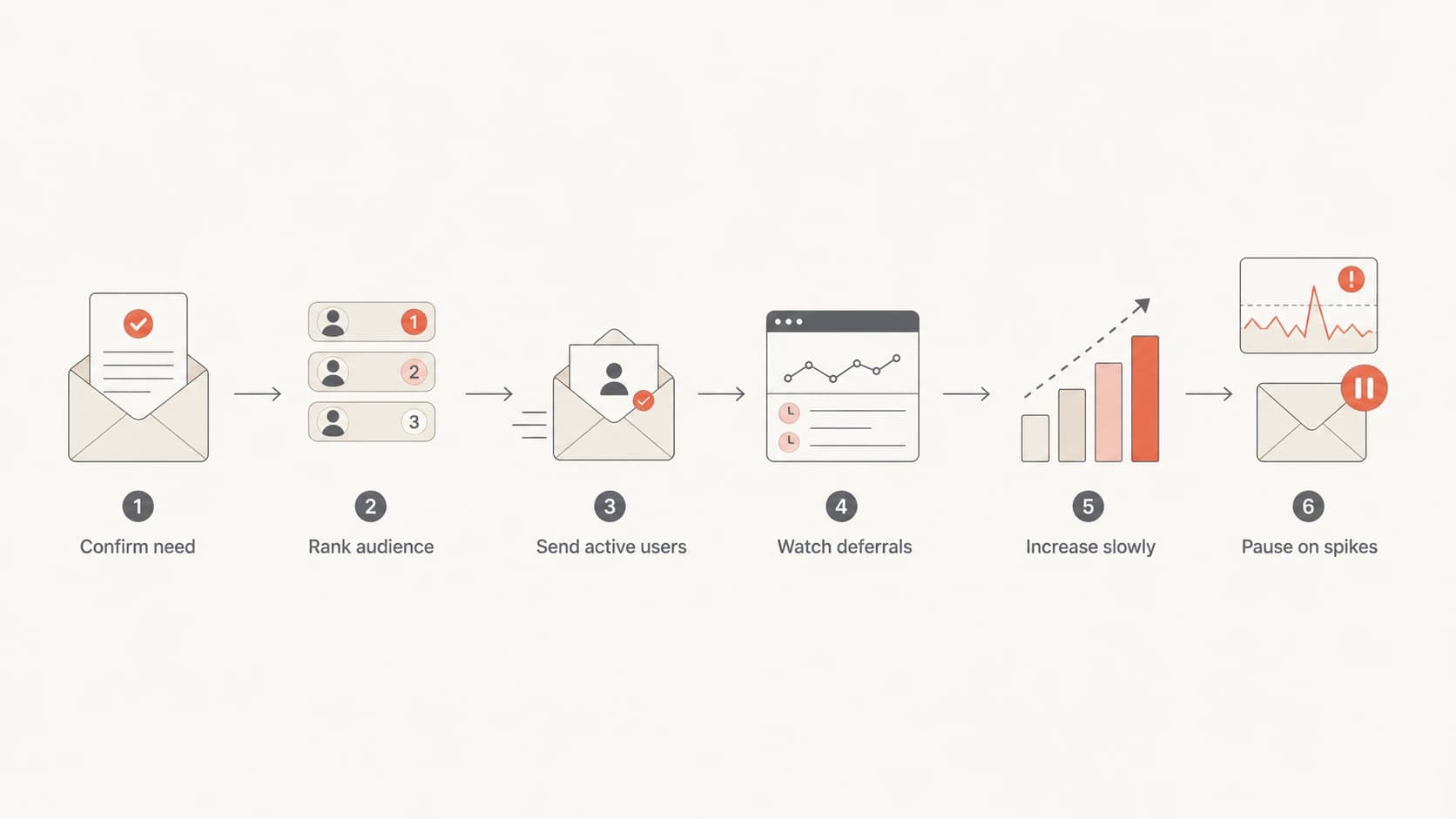 A flowchart showing a Gmail ramp from audience ranking to pausing on deferral spikes.