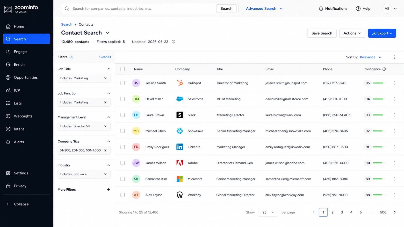 A ZoomInfo SalesOS-style contact search screen with filters, contact rows, and export controls.