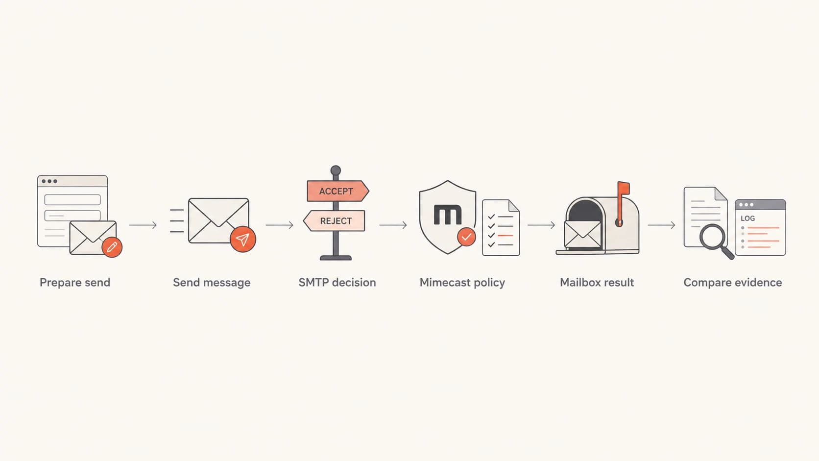 Flowchart showing the test path from sending a message to comparing Mimecast evidence.