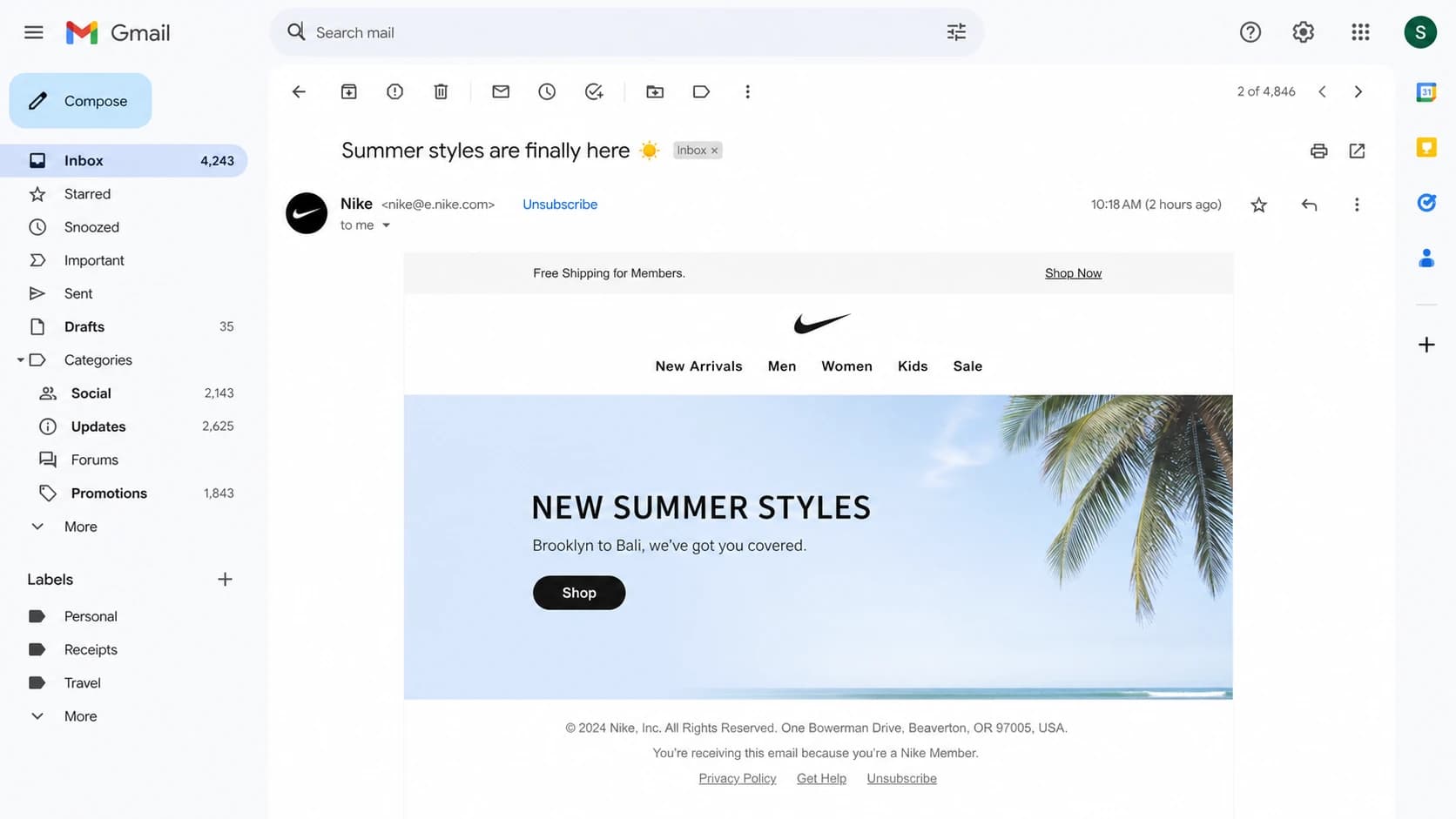 Gmail message view showing a header unsubscribe action and a separate footer link.