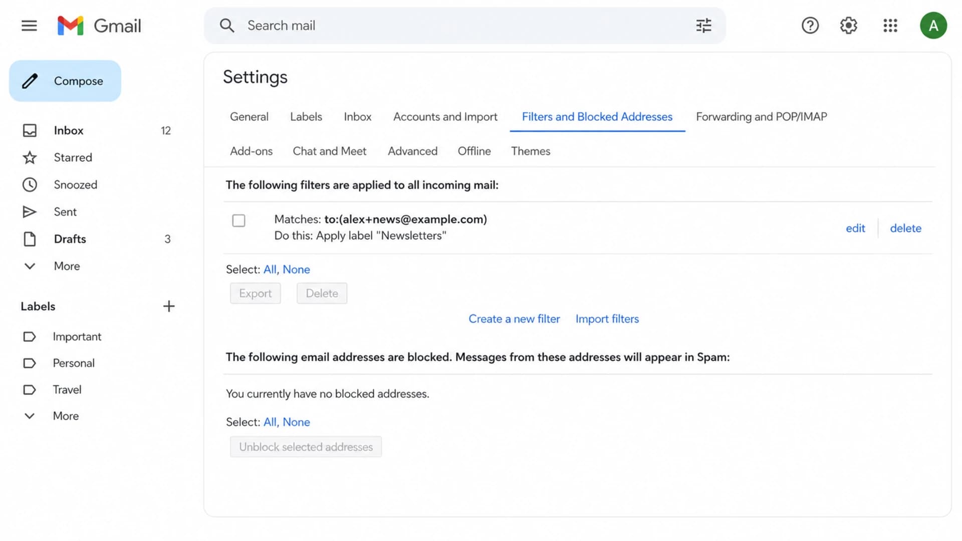 Gmail filter settings showing a plus-tagged address used to label subscriptions.