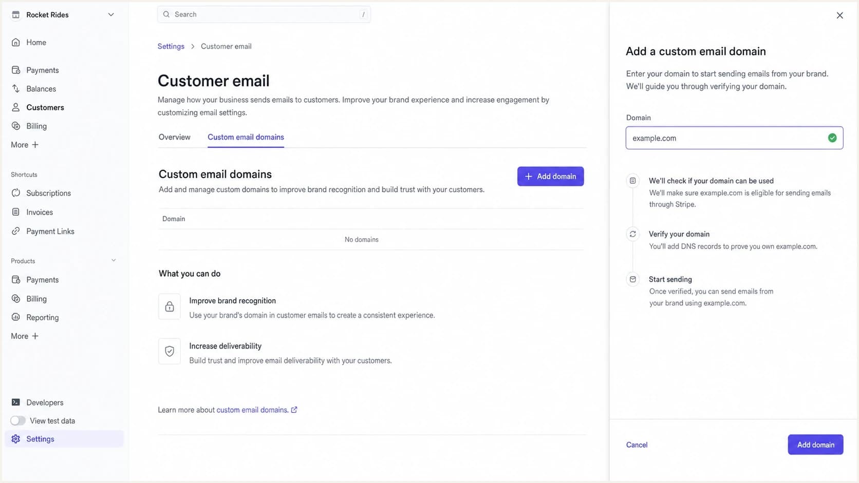 Stripe Customer email settings with a custom domain being added.